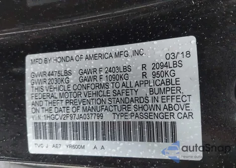 2018 Honda Accord Touring 2.0T z USA, uszkodzony, nr VIN 1HGCV2F97JA037799